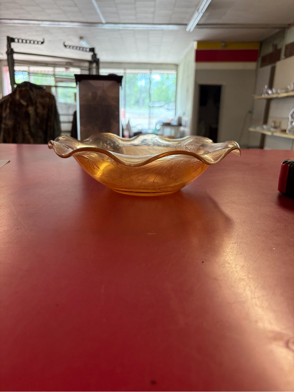 Posh Amber Iridescent Glass Bowl with Scalloped Rim